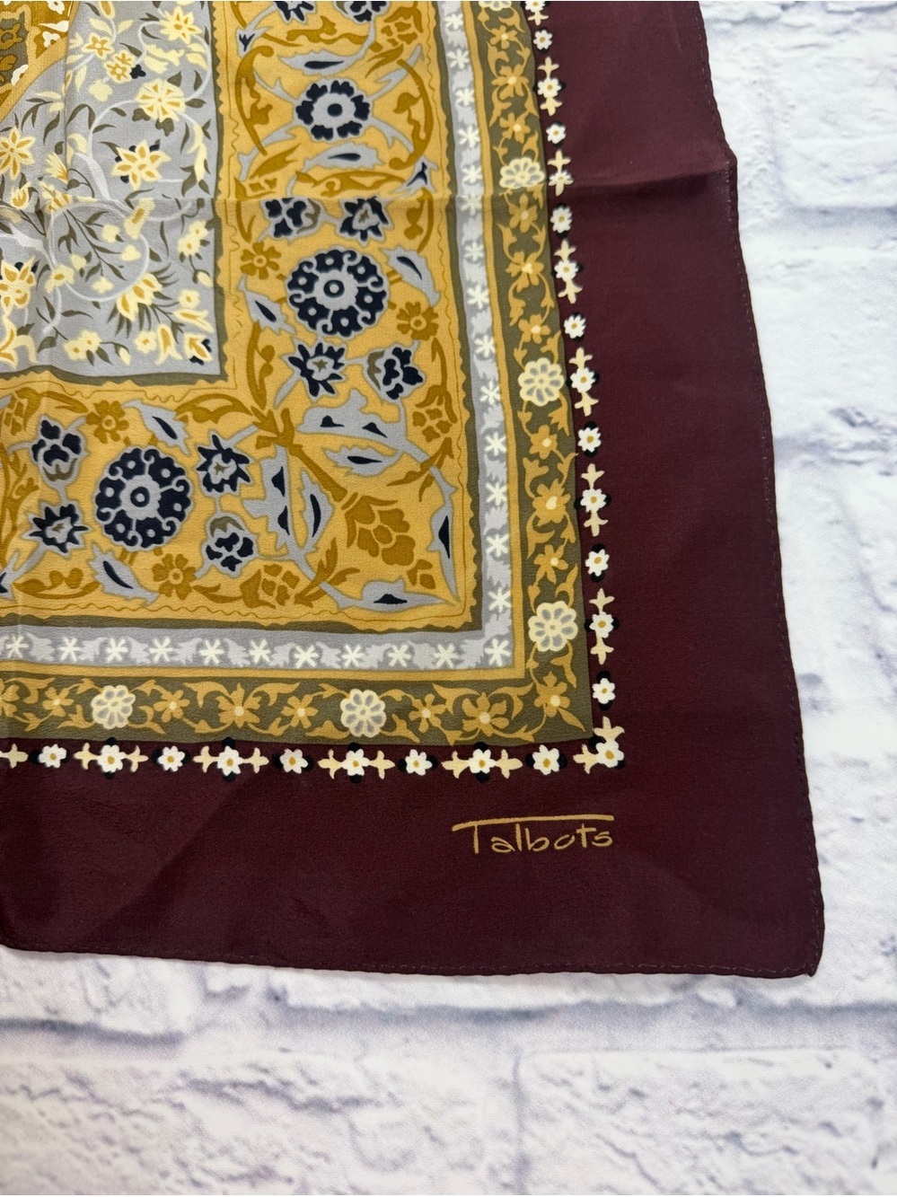 Talbots Burgundy and Mustard Floral Border Square Scarf - Picture 2 of 8